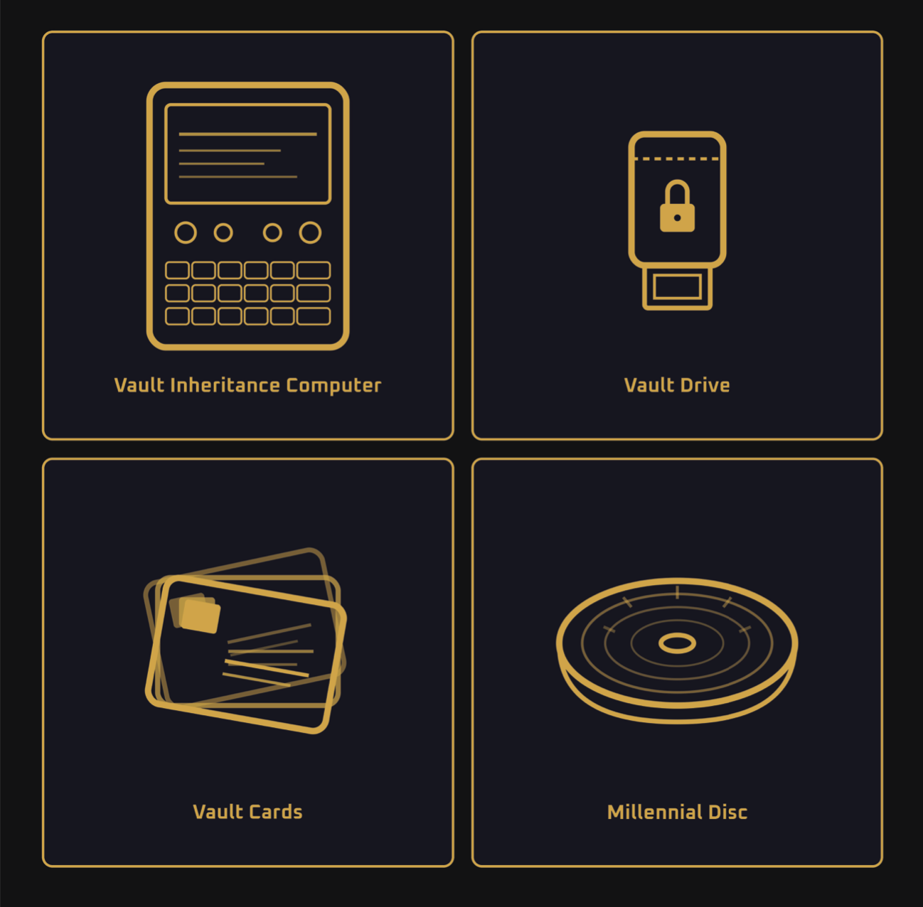 Vault Inheritance Computer, Vault Drive, Vault Cards, and Millennial Disc